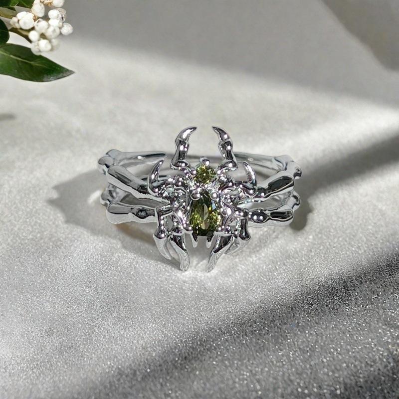 Olive Green Zircon Exquisite Colored Treasure Open Ring Women'S Light Luxury Full Diamond Bow High-End Ring