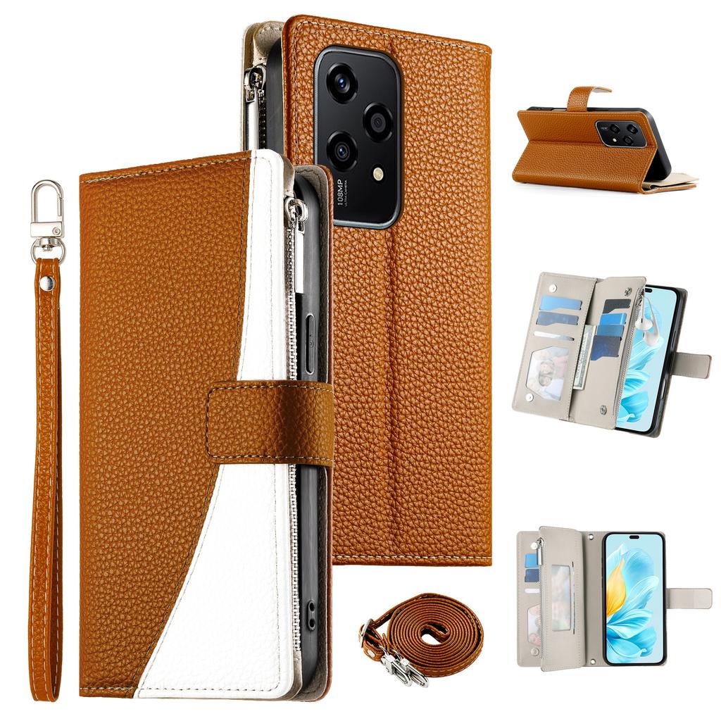 For Honor 200 Lite Case Zipper Wallet Color Splicing Leather Flip Phone Cover with Straps