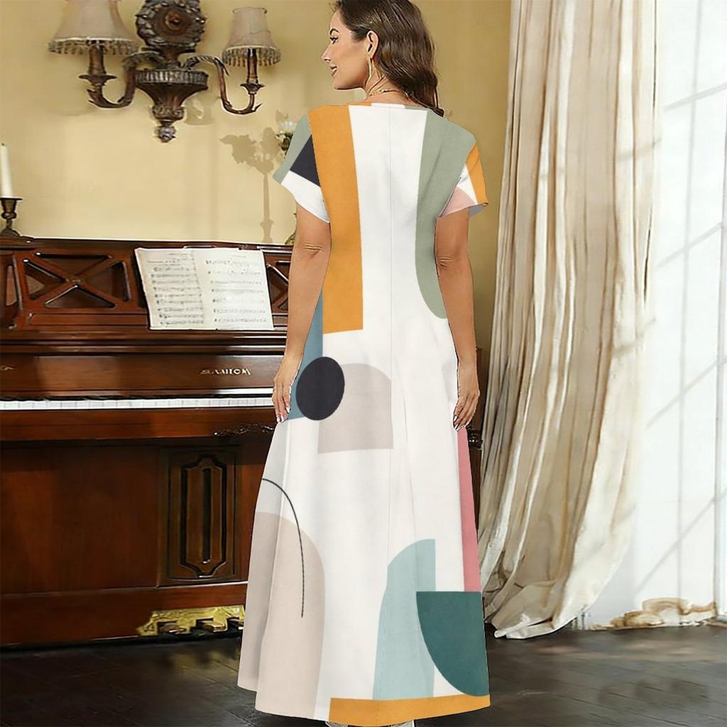 Women Plus Size V Neck Short Sleeve Geometric Printed Straight Maxi Dress