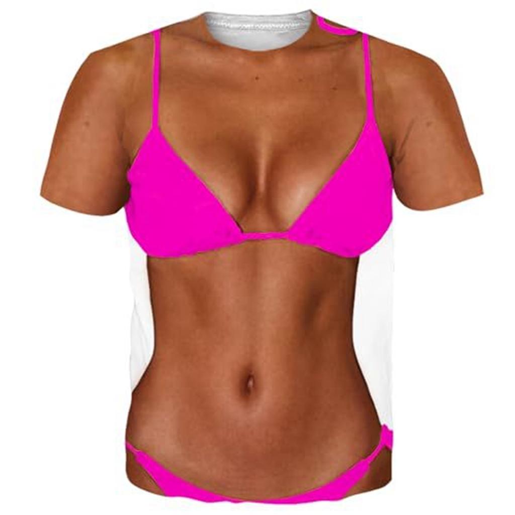 Men's Funny 3D Printed T-Shirt with Muscle Chest Hair and Six Pack Abs Novelty Tee