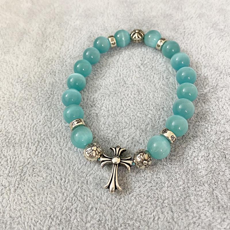 

Chrome Hearts Unisex Cat s Eye Beaded Cross Bracelet - Vintage Birthday/Christmas Gift 18CM