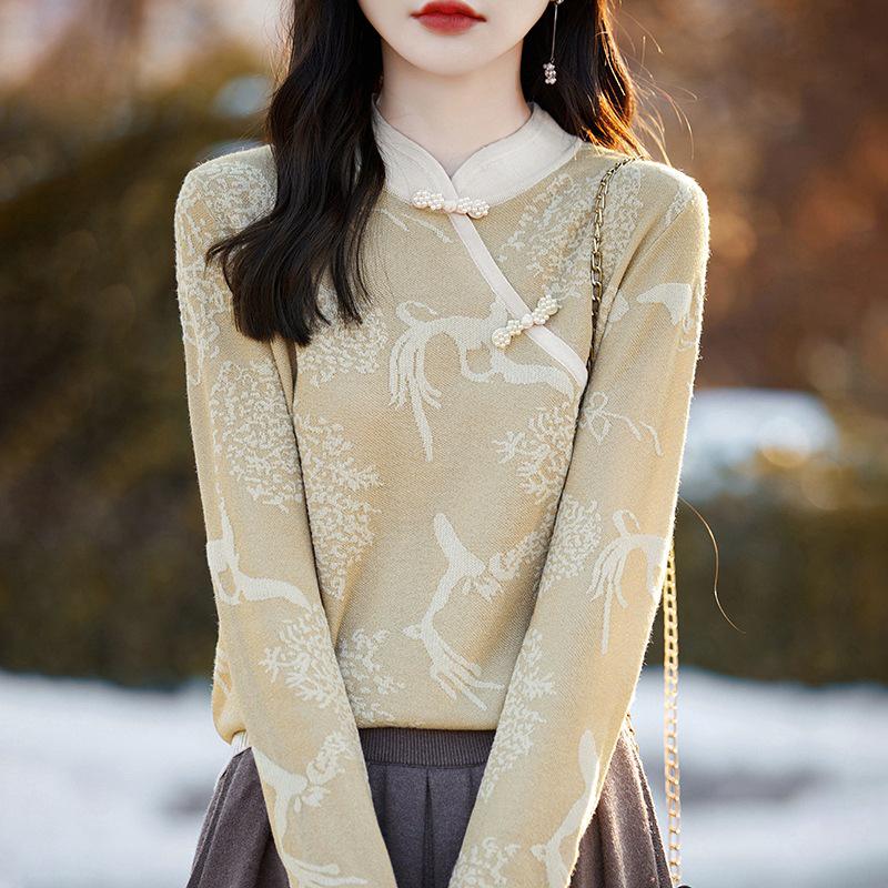 

Женский трехмерный цветочный китайский стиль Cheongsam воротник трикотажный шерстяной топ XL (Recommended for 120-135 lbs)