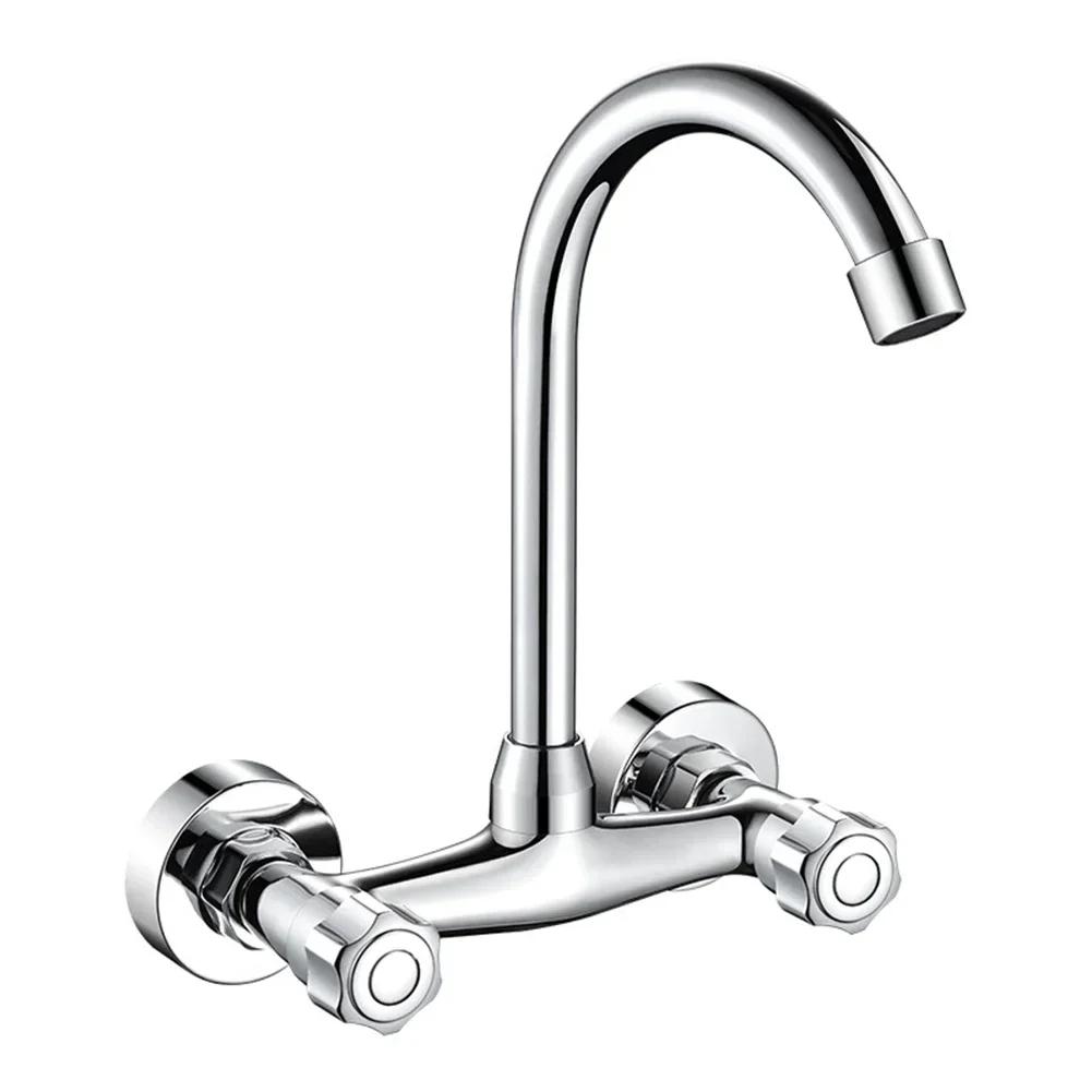 Stainless Steel Kitchen Sink Faucet Double Hole Wall Mounted Cold And Hot Faucet 360degree Swivel Kitchen Faucet