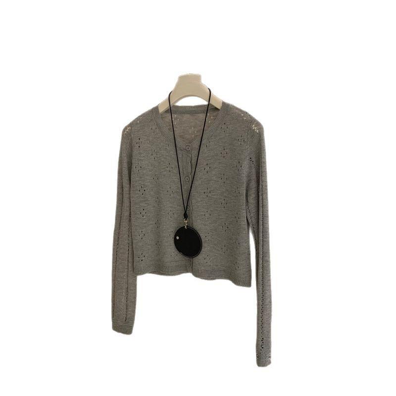 Sweet, gentle and cute small lace hollow knitted cardigan women's spring and summer simple solid color long-sleeved top