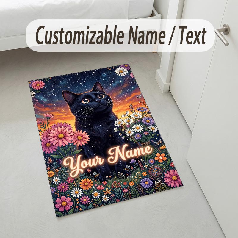 Starry Night Cat Theme Soft Crystal Velvet Rug Custom Name & Text Print Non Slip Floor Rug for Bedroom Living Room