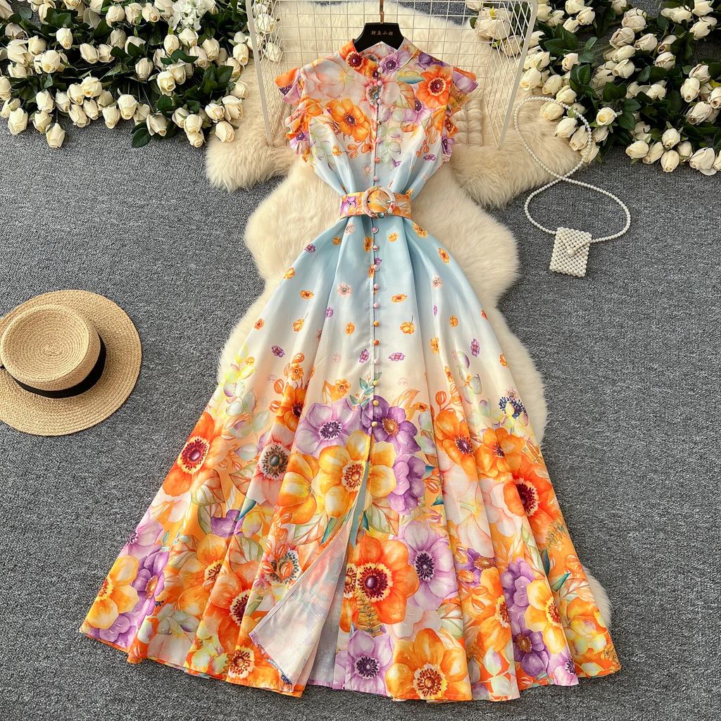 Kleid mit Blumendruck für Damen, Rüschen, fliegende Ärmel, kontrastierende einreihige Kleider, Taillenschnürkleider im Palaststil