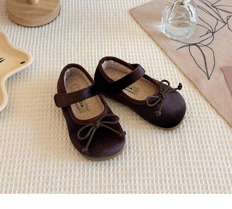 Autumn/Winter Girls' Bow Cotton Baby Flats, Versatile Velvet Low-Cut Princess Shoes