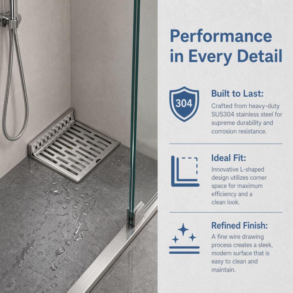 Right Angle Design Corner Floor Drain 304 Stainless Steel Wall Corner Drain  Laundry Room