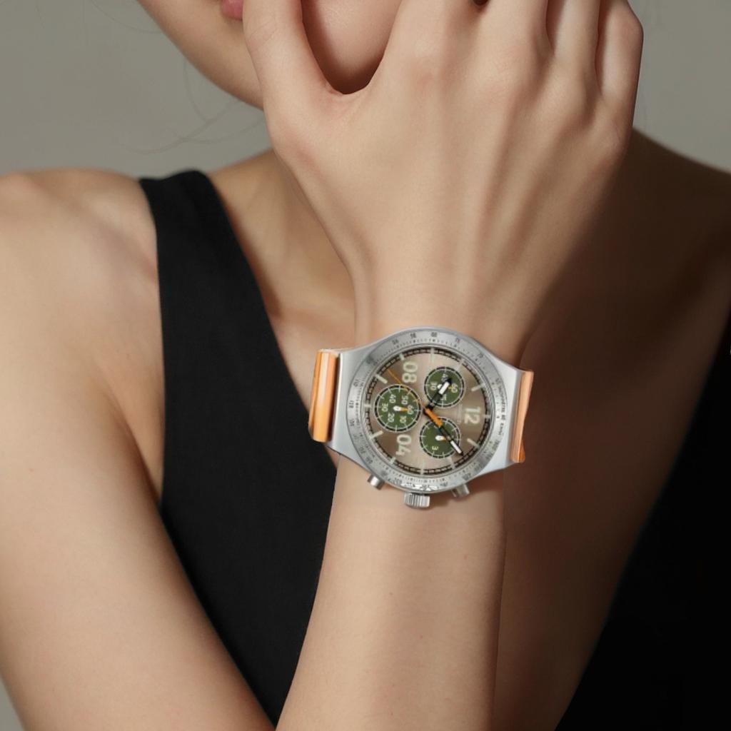 Swatch ESSENTIALS Quartz Movement 30m Water Resistance Unisex Watch 49mm Brown Watch Dial Stainless Steel Case YVS101