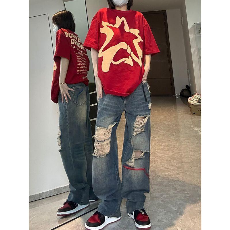 American style high street niche repair ripped jeans male vibe style ripped loose straight couple jeans