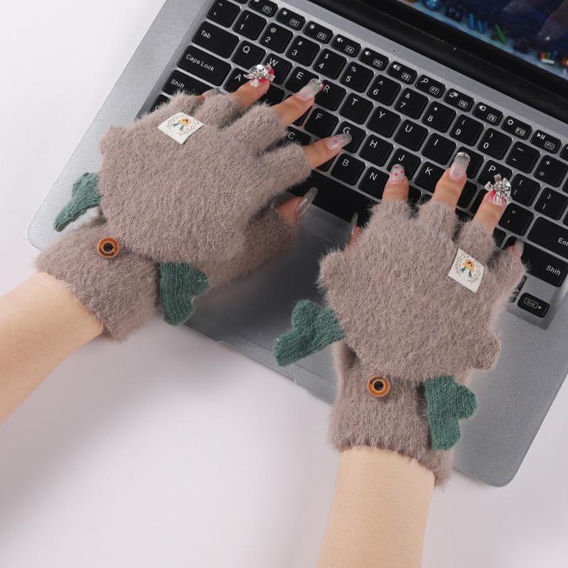 

Flap Half-Finger Gloves Winter Cute Antler Plus Velvet Thick Warm Cycling Touch Screen Gloves as the picture