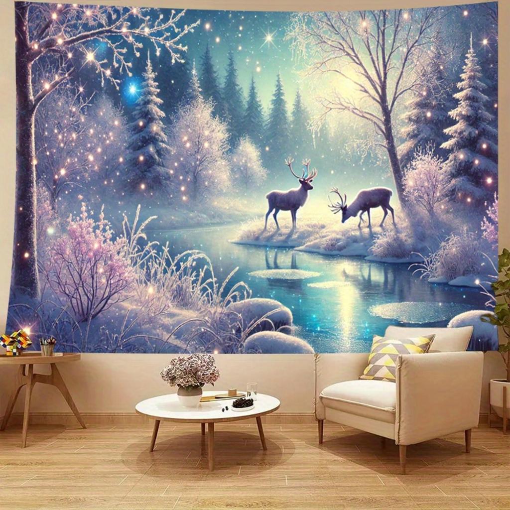 Enchanted Winter Forest Tapestry 2D Printed Starlit Deer Scene Wall Hanging Magical Snowy Landscape Home Decor Living Room