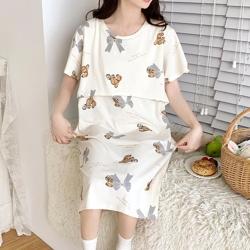 Pure Cotton Short Sleeve Nightgown for Pregnant & Postpartum Women - Breastfeeding Friendly