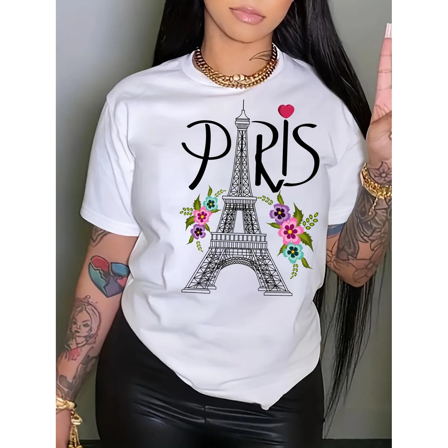 

Stylish Paris Eiffel Tower Graphic Print Short Sleeve Crew Neck T-Shirt - Soft Micro Elasticity Polyester Fabric, Regular Fit XXXXXL білий