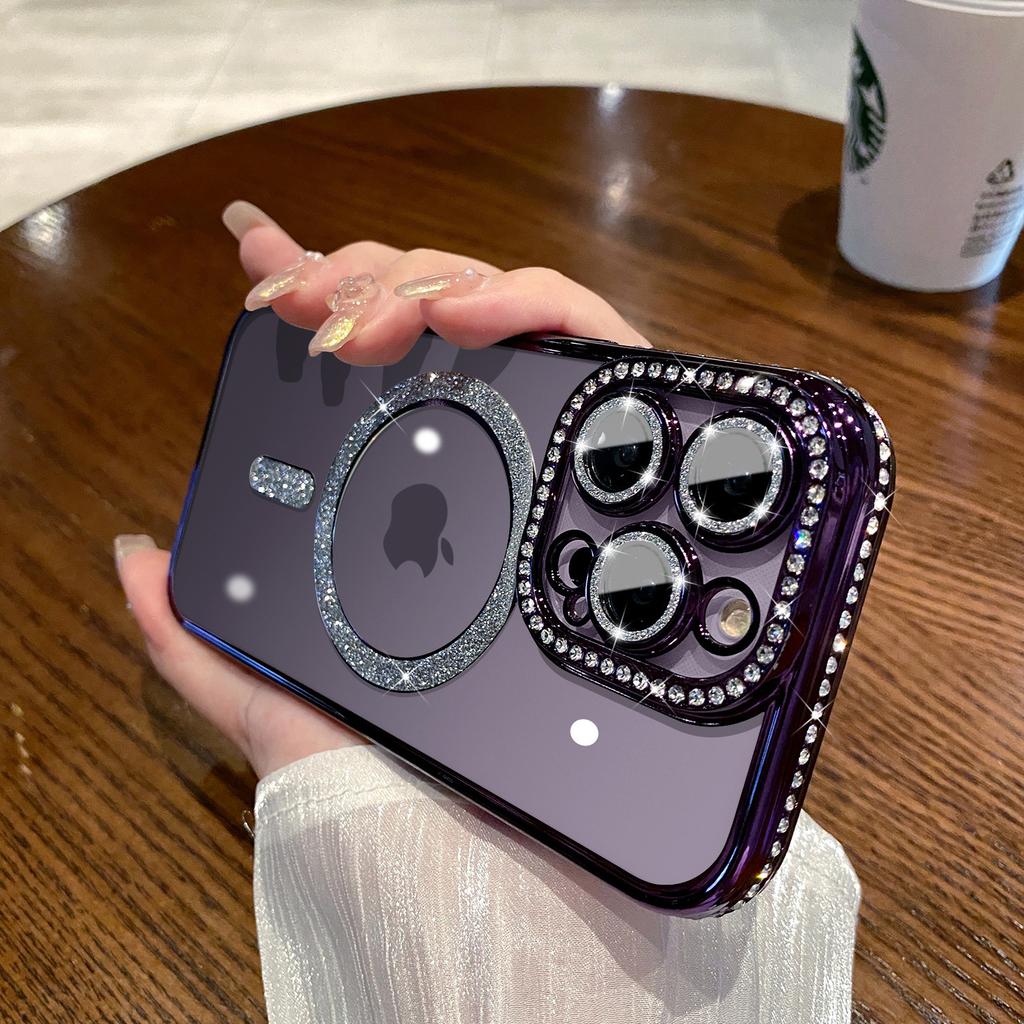 Applicable To IPhone 16 Magnetic Suction Mobile Phone Case Transparent Electroplating Edge Diamond Flash Powder Apple 14/15 Promax Silicone