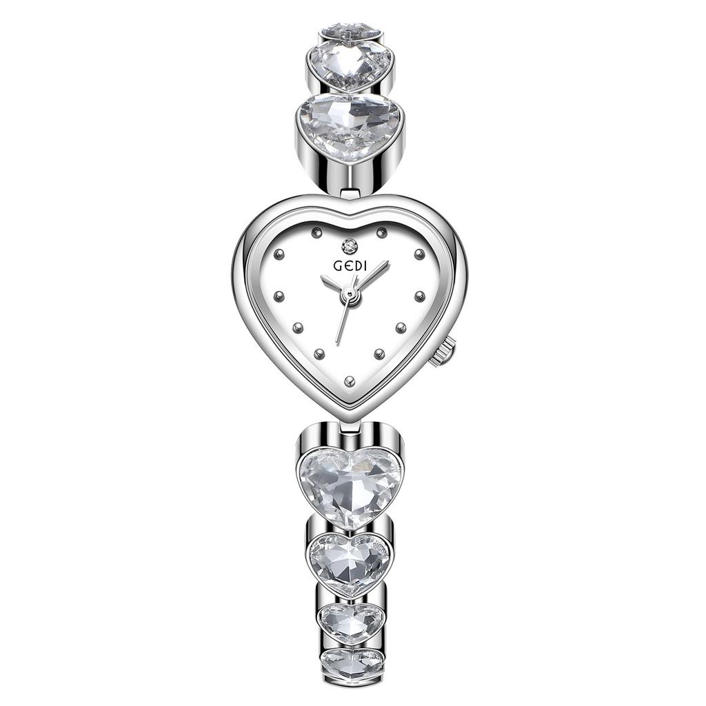 GEDI Women Quartz Wrist Watch Heart Shaped Dial Rhinestone Decor Metal Link Bracelet Waterproof Dress Watch
