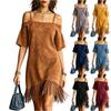 Abito Estivo Casual da Donna in Camoscio con Spalle Scoperte, Manica Corta Larga e Orlo con Frange