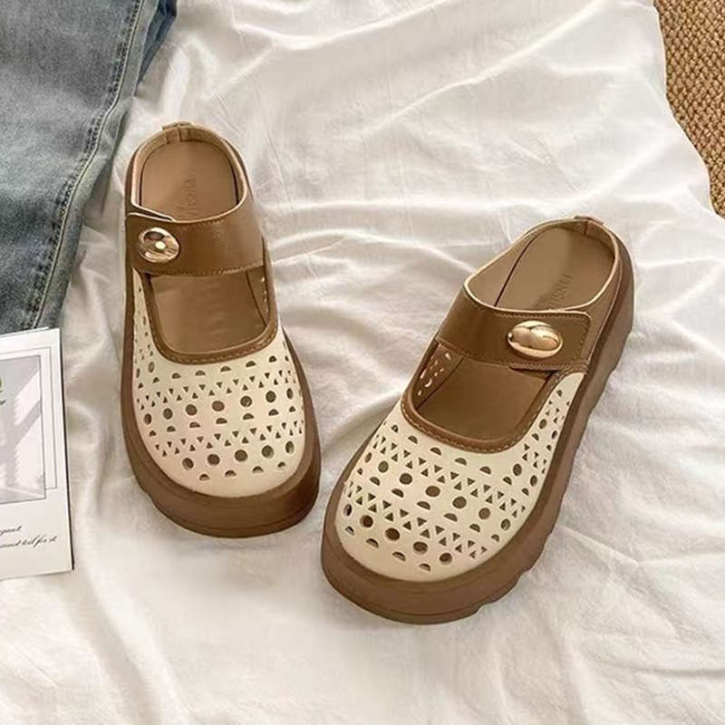 

Mary Jane goes out with a bag head and half slippers for women s summer wear 2025 new thick-soled fashionable breathable hollow cool slippers 35