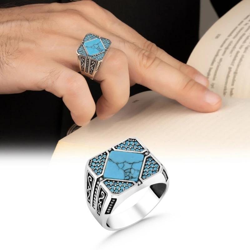 

Retro minimalist turquoise men s alloy ring 7&Silver Plated