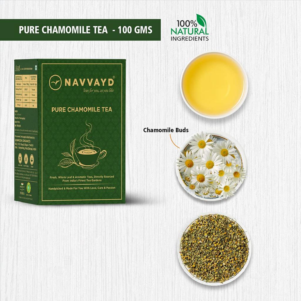 Navvayd Chamomile Flower- Herbal Infusion (100 Grams, 50 Cups), Loose Chamomile Flower Buds, Caffeine-Free