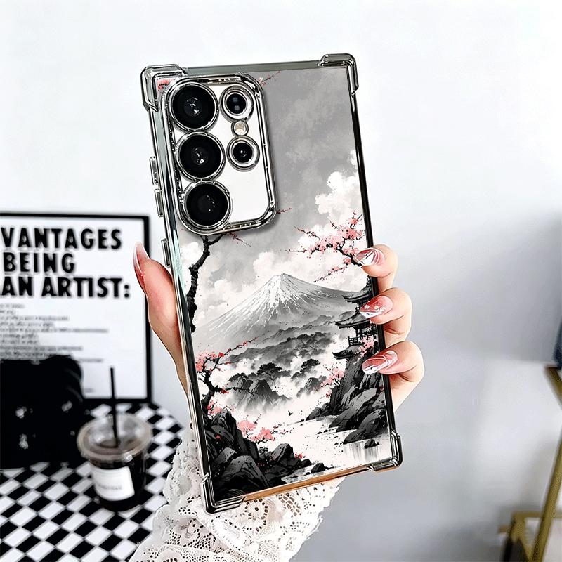 

Japanese Minimalist Pine Tree Plating Phone Case For Samsung Galaxy S24 S25 FE S26 Edge S23 Ultra S22 S21 Plus S20 Anti-Fall Air Samsung S24 FE