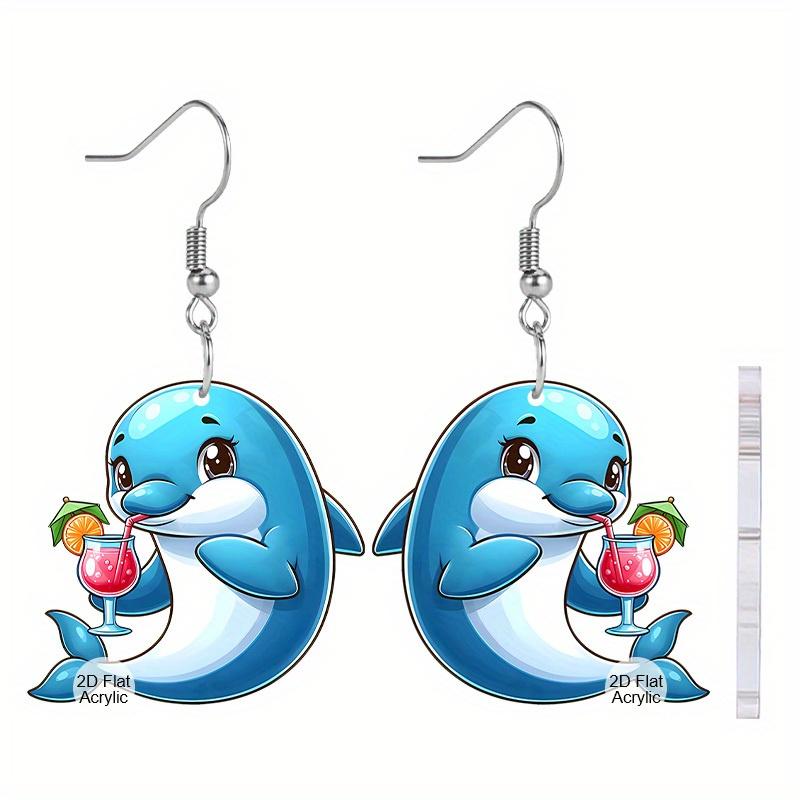 Vocation Coastal Dolphin Acrylic Earrings for Women, Tropical Beach Theme Drop Earrings, Design for Daily and Party Wear