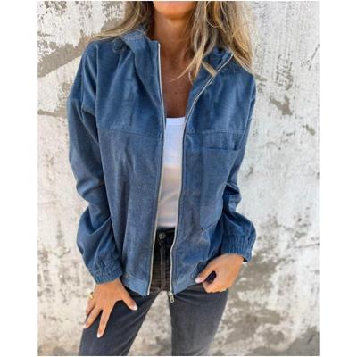 Chaqueta de pana sencilla de color sólido para mujer para primavera y otoño, abrigo con capucha de manga larga