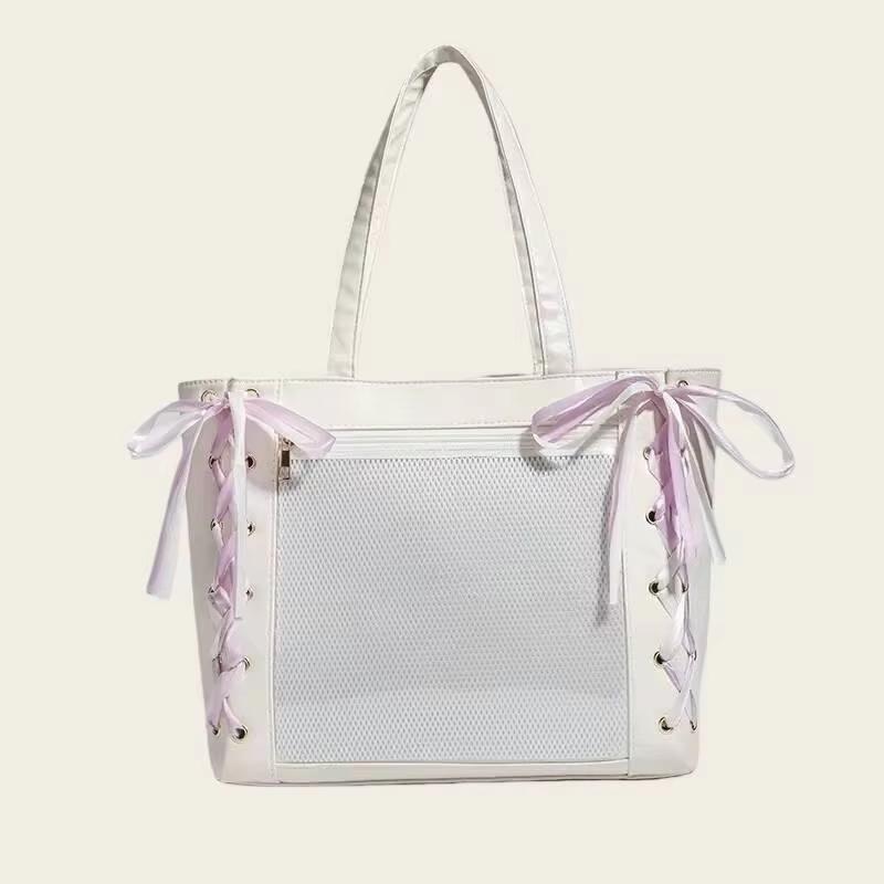 Japanese Sweet Women Ribbon Ita Bag Fashion Large Capacity Tote Bag Aesthetic Shoulder Bag Cute Lolita Girl Transparent Handbags