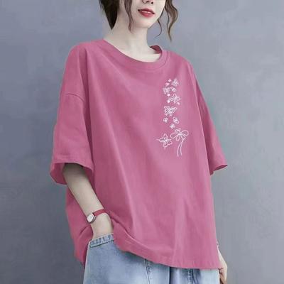 Bawełniany T-shirt z krótkim rękawem Damski Luźny Modny Top z rękawem do połowy Długości Lato Vintage T-Shirt