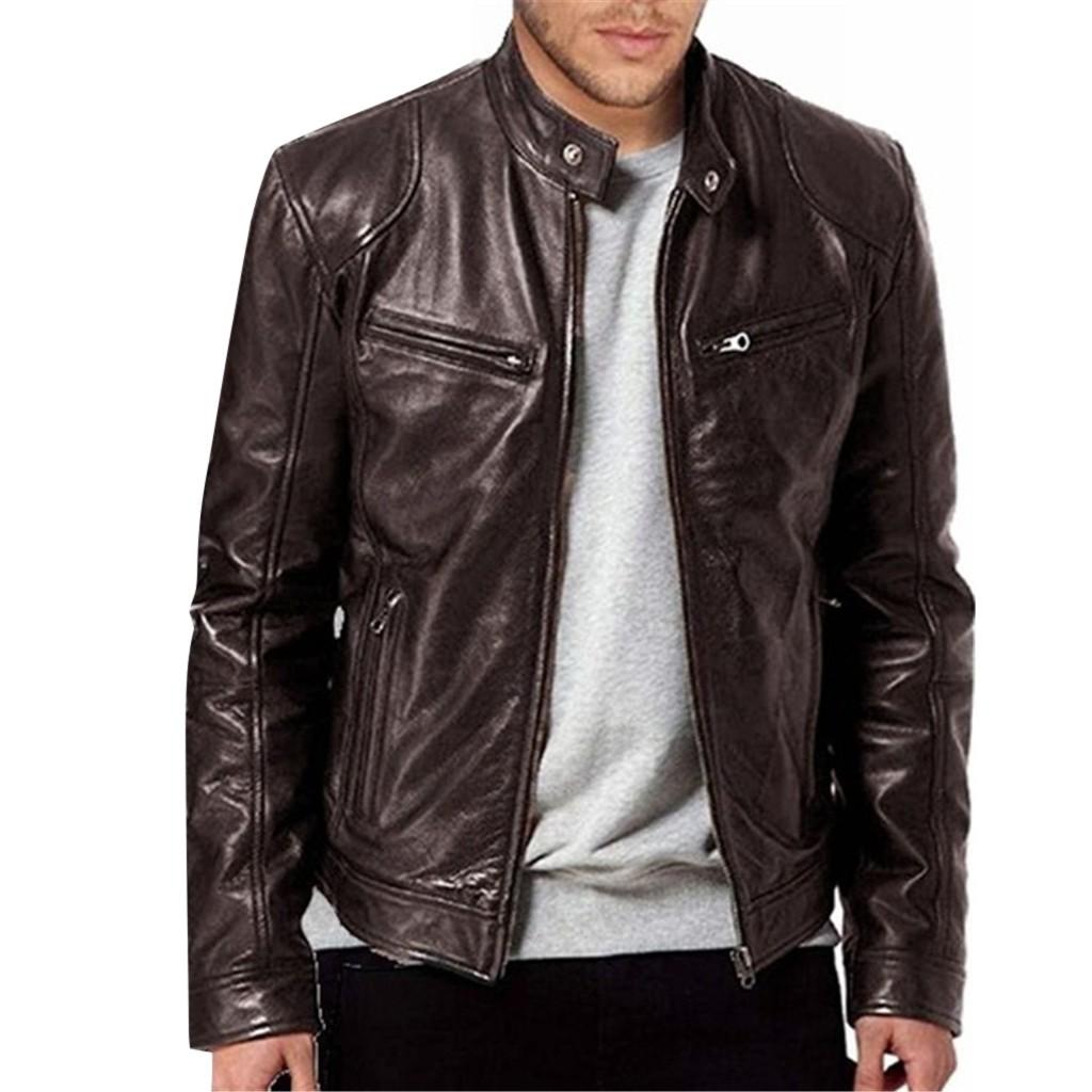 Men Vintage Cool Jacket Leather Long Sleeve  Winter Stand Collar Club Coat