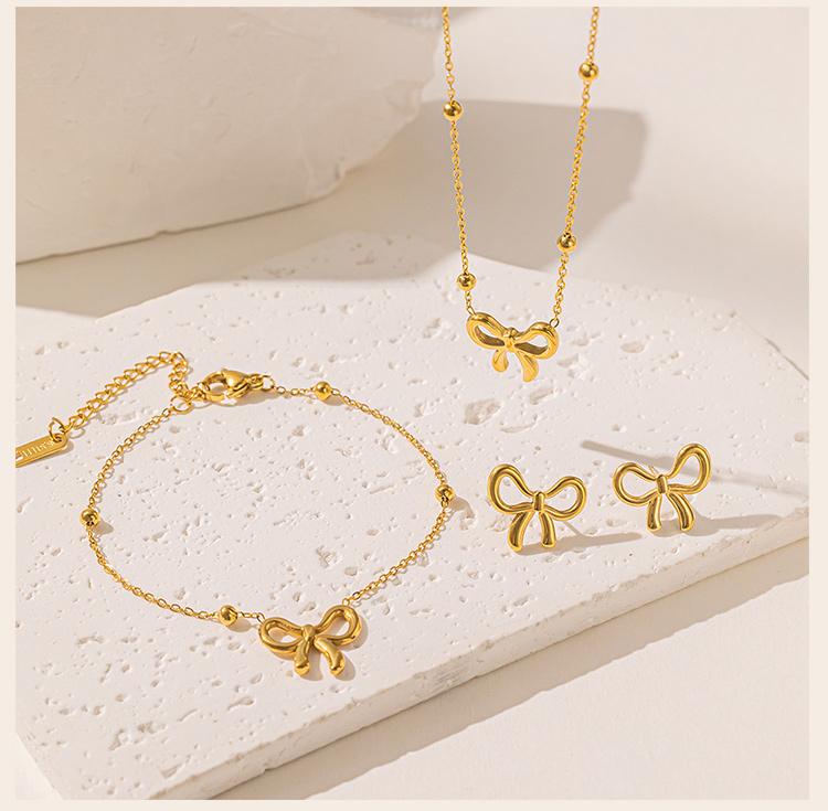 Stainless Steel Bowknot Jewelry Set Tarnish Free, Women's 3pcs Necklace Bracelet Stud Earrings, Beaded Chain Minimalist Jewelry