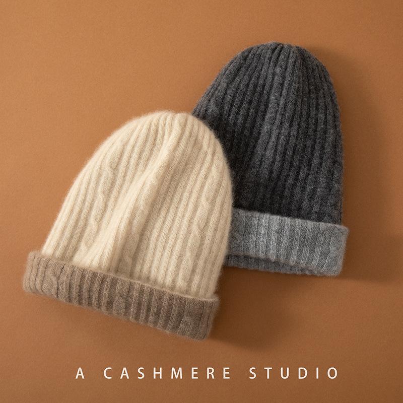 Cashmere Hat, Women's Twisted Knitted Wool, Men's Big Head Circumference, Ear Protection, Headgear, Double-layer Autumn and Winter Thickened Hat