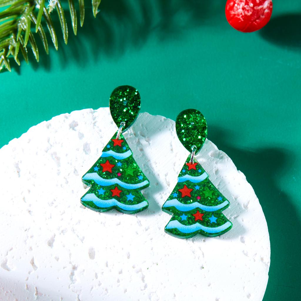 Minimalist  Acrylic Christmas Tree Pendant Earrings for Women Cartoon Colorful Print Xmas Tree Star Earrings Jewelry Gifts
