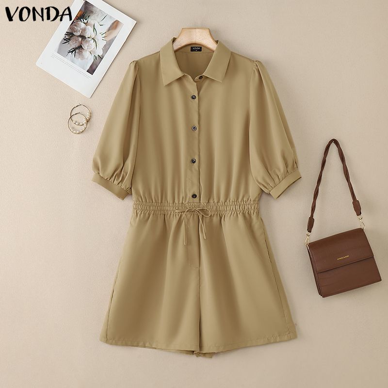 VONDA Women Lapel Collar Half Sleeve Loose Casual Short Jumpsuits Rompers Overalls