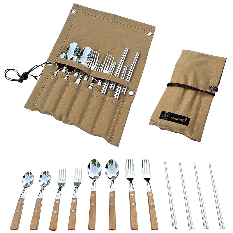 

[Multi-functional/convenient storage] Camping cutlery set for 4 people spoon fork chopsticks outdoor Fashionable barbecue child adult family For