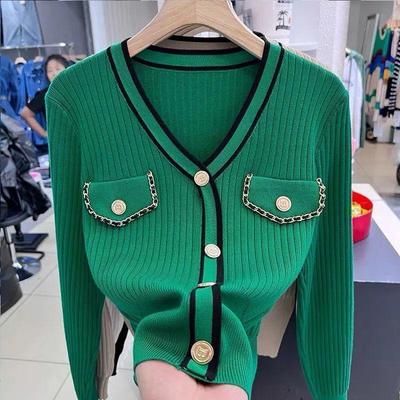 Women Clothing Spring Autumn Long Sleeve Button Pullovers Fashion Elegant Temperament V Neck Knitting Slim Short Sweaters