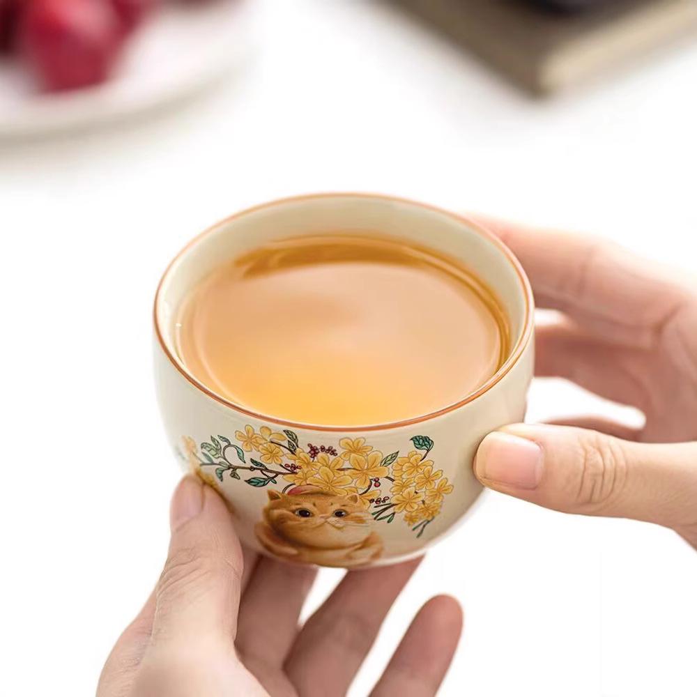 Plant Ash Happy Hanhan Cat Teacup Ceramic Household Master Cup Single Cup Tea Kung Fu Tea Set Gift Box Gift