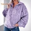 Winter Women Sweatshirt Zippered Turn-down Collar Rhombus Texture Plush Thick Long Sleeves Solid Color Keep Warm Autumn Top