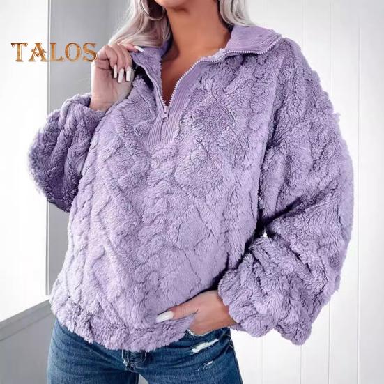 Winter Women Sweatshirt Zippered Turn-down Collar Rhombus Texture Plush Thick Long Sleeves Solid Color Keep Warm Autumn Top