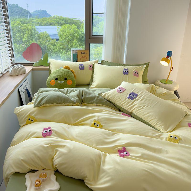 Gu Ling Wei Washed Cotton Four-piece Set Cartoon Dopamine Quilt Cover Sheet Dormitory Three-piece Set