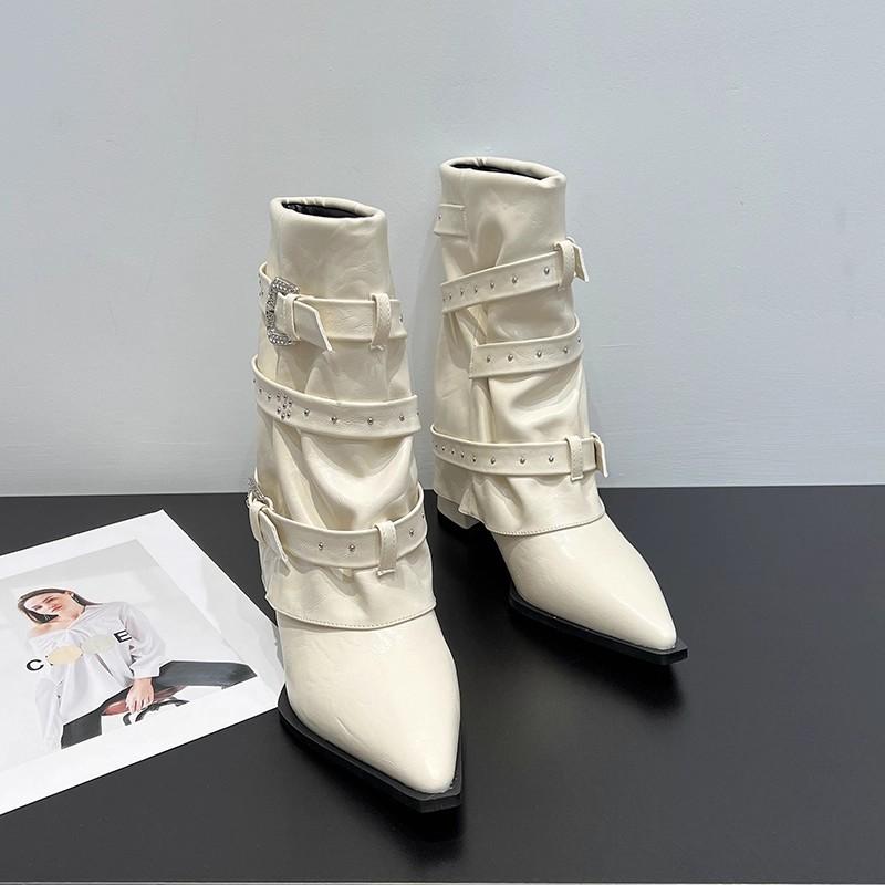Fashion Pants Boots Autumn and Winter New Pointed High Heel Temperament Sleeve Rivet Belt Buckle Fashion Short Boots
