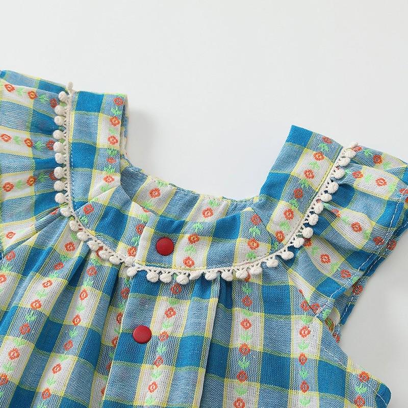 Girls' Korean Style Plaid Flutter Sleeve Summer Romper Jumpsuit