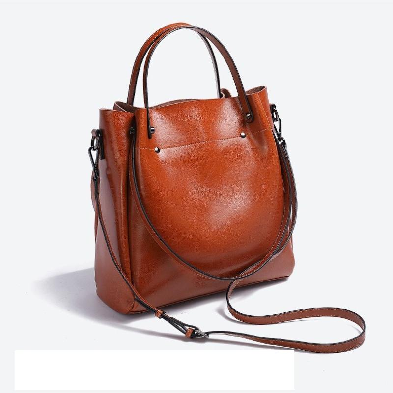 Genuine Leather Women's Bag Wax Leather Large Capacity Bucket Bag New Solid Color Fashionable Shoulder Bag Commuter Crossbody