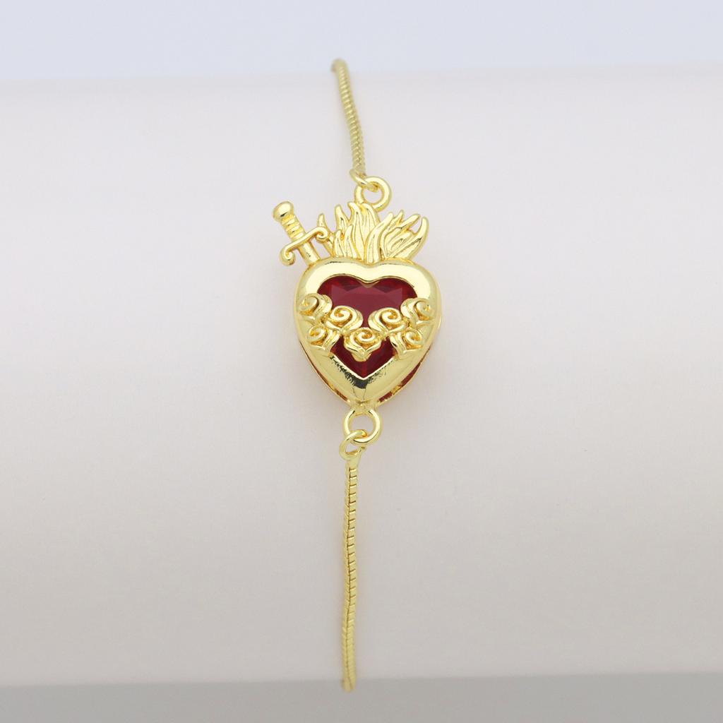 Herzförmige Liebe Kupferplattiertes Farbiges Zirkonium Pfirsichherz, Ein Schwert, das das Herz durchbohrt, kann das Zirkon-Box-Armband ziehen und verstellen.