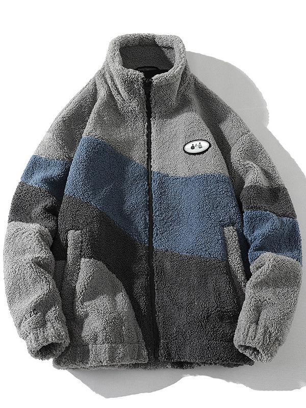 Veste Homme en Laine d'Agneau Color Block à Col Montant – Manteau Épais Automne/Hiver Polyvalent pour Couples