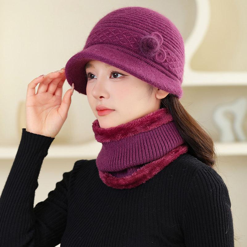 Fleece Warm Hat Ladies Mom Rabbit Plush Fashion Knitted Scarf Basin Hat Winter Grandma Windproof Hat