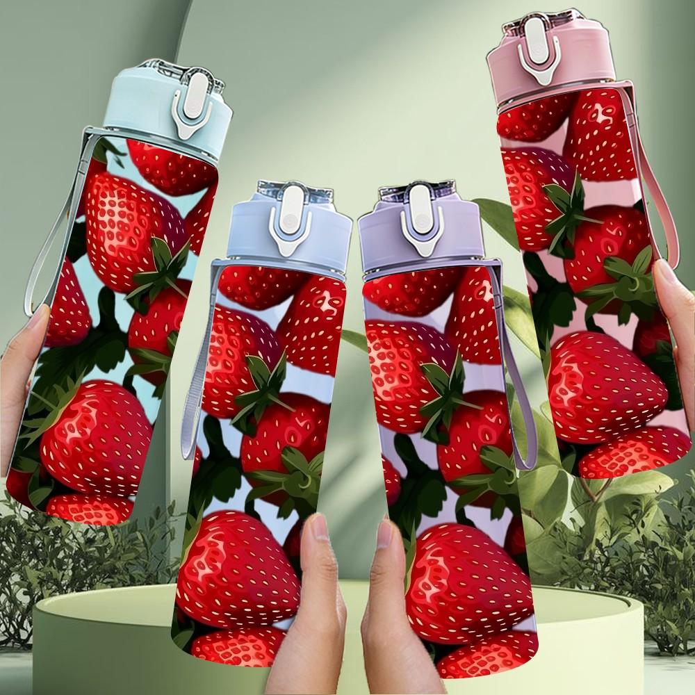 1PC Fresh Ripe Red Strawberry Fruit Print 750ml Color Plastic Sports Water Bottle Leakproof Flip Straw Lid Suitable for Sports Office Home Use