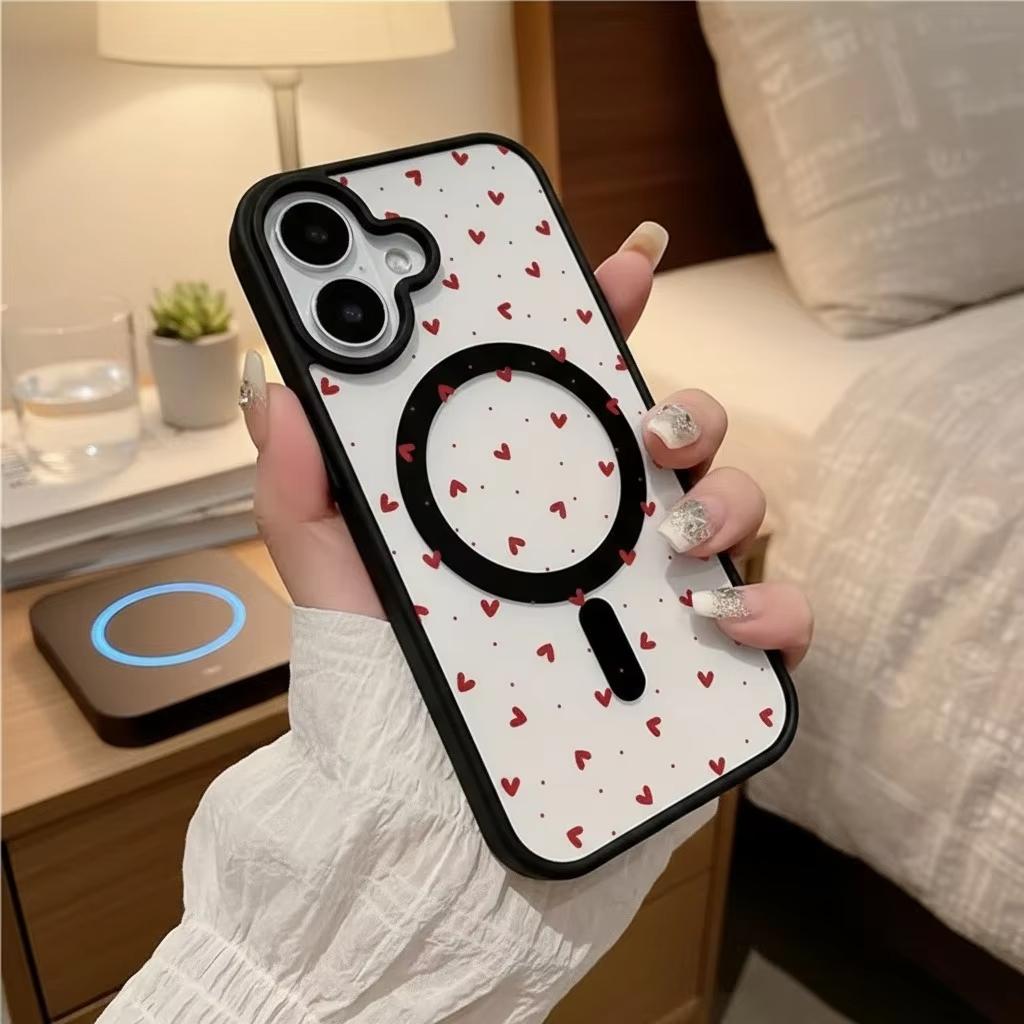 Polka Dot Heart Pattern Black Border Magnetic Clear Phone Case For iPhone 17 Air 16E 16 15 14 13 12 Pro Max Plus 11 17 Cover