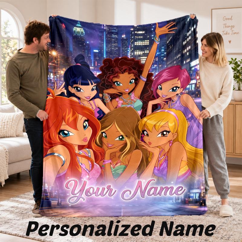 Custom Name Winx Club Flannel Throw Blanket Personalized Text Soft Blanket Bed Sofa Gift