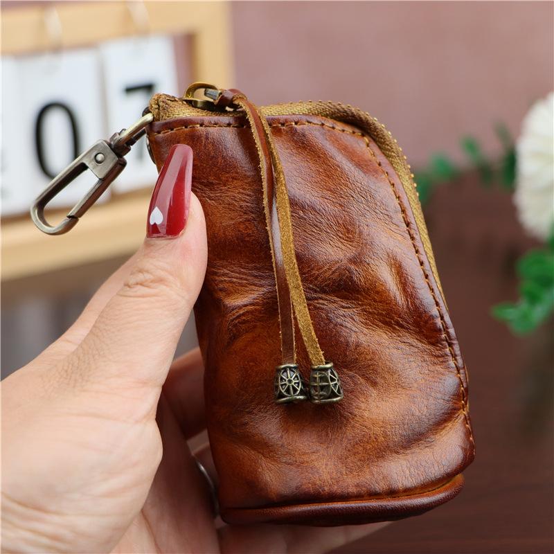 First-Layer Cowhide Retro Key Bag Waist Hanging Old Mini Large-Capacity Clutch Bag Hanging Buckle Key Bag